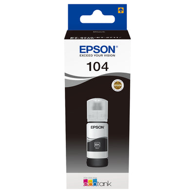 Epson EcoTank 104 (T00P140) Tintenpatrone Schwarz in Verpackung, geeignet für EcoTank-Drucker, bietet hohe Druckkapazität und Qualität.