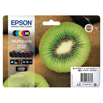 Epson 202 (T02E740) Multipack Tintenpatronen Schwarz, Cyan, Magenta, Gelb, Photo Schwarz Verpackung mit Kiwi-Abbildung