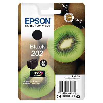 Epson 202 (T02E140) Tintenpatrone Schwarz Verpackung mit Kiwi-Motiv, ideal für Epson-Drucker, bietet scharfe Texte und klare Details.