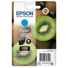 Epson 202 Cyan Tintenpatrone Verpackung mit Kiwi Hintergrund, ideal für hochwertige Druckergebnisse in Heim- und Büroumgebungen.