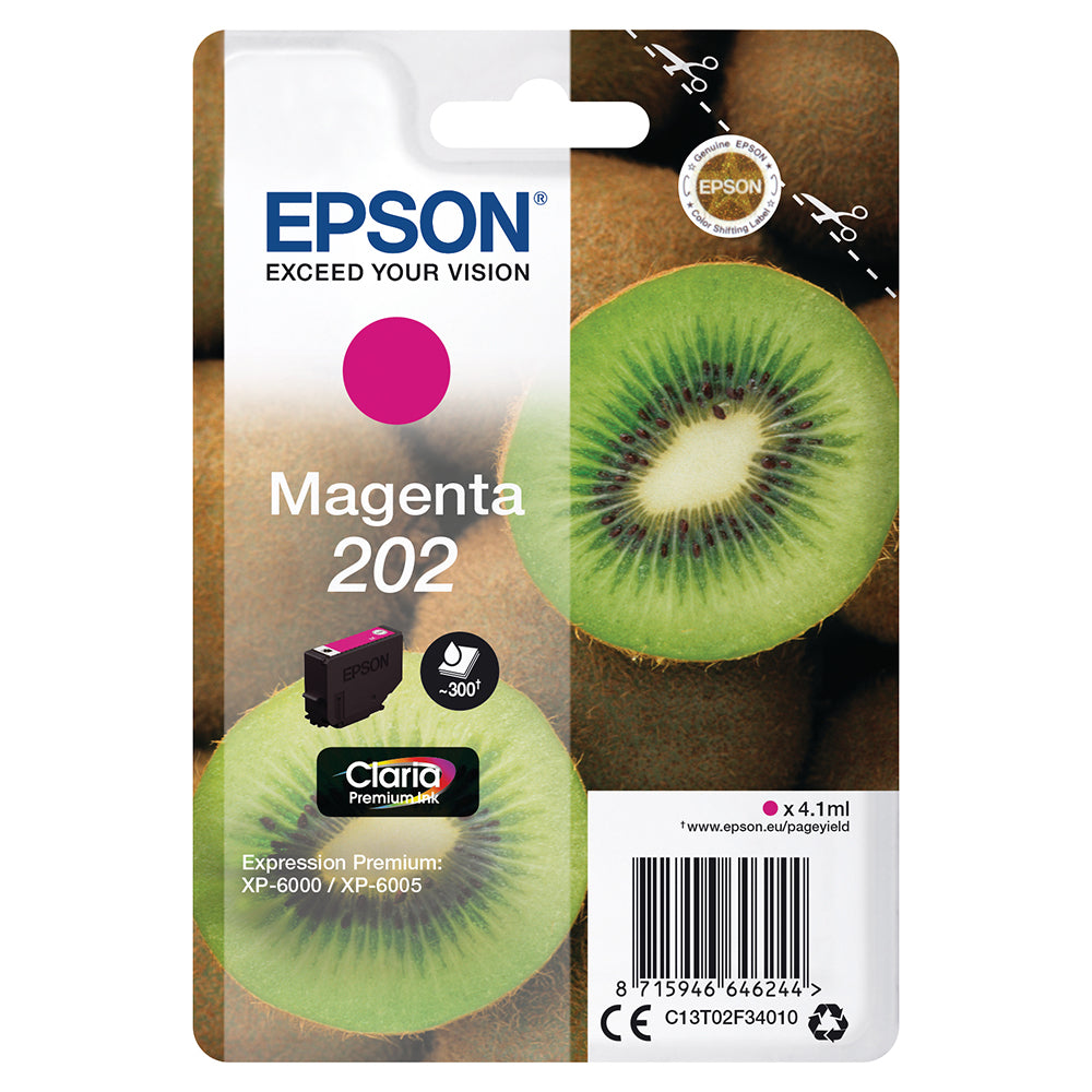 Epson 202 (T02F340) Magenta Tintenpatrone Produktverpackung mit Kiwi-Motiv, kompatibel mit XP-6000 und XP-6005 Druckern.