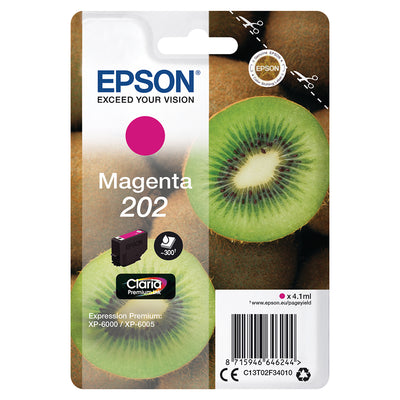 Epson 202 (T02F340) Tintenpatrone Magenta Verpackung mit Kiwi-Design, ideale Druckqualität für Zuhause und Büro.