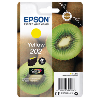 Epson 202 (T02F440) Tintenpatrone Gelb Verpackung mit Kiwi-Bild, geeignet für Epson Drucker, hochwertige lebendige Farbwiedergabe.