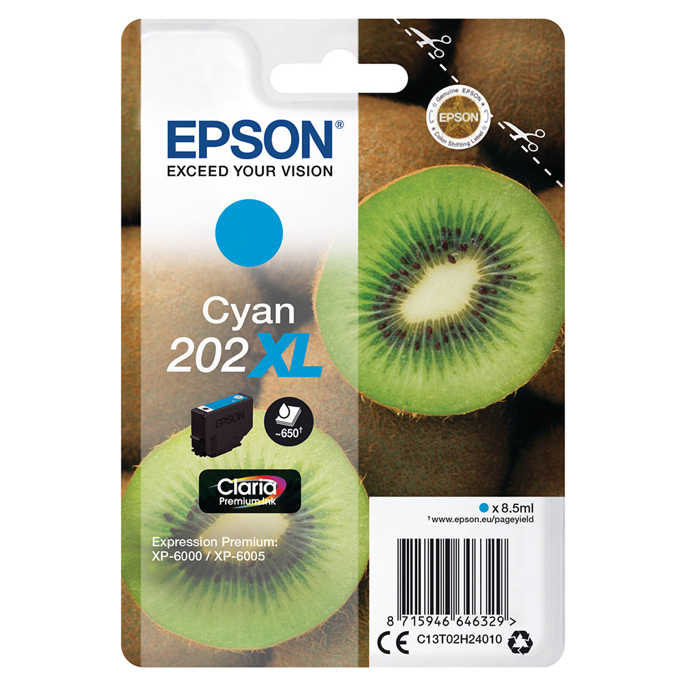 Epson 202XL Cyan ink cartridge packaging featuring a kiwi design, suitable for high-volume printing with vibrant color output.