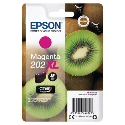 Verpackung der Epson 202XL (T02H340) Tintenpatrone in Magenta mit hoher Seitenkapazität für gestochen scharfe Farben.
