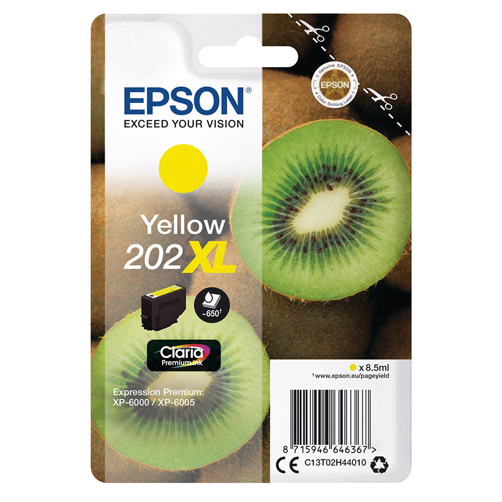 Epson 202XL Yellow Ink Cartridge T02H440 Packaging with Kiwi Image, 650 Page Yield, Compatible with XP-6000/XP-6005 Printers