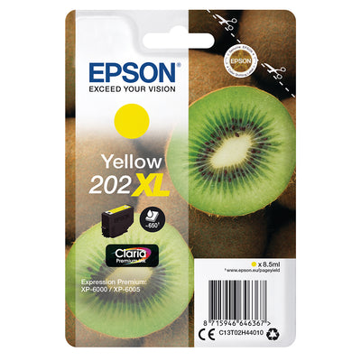 Epson 202XL (T02H440) Tintenpatrone Gelb mit 650 Seiten Kapazität, auf Kiwi-Hintergrund, ideal für professionelle Druckergebnisse.