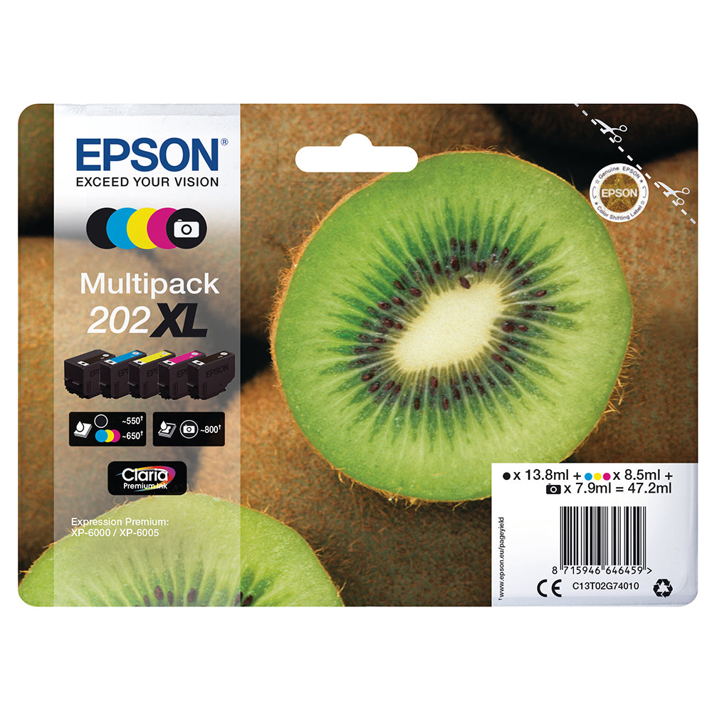 Epson 202XL Tintenpatronen Multipack in Schwarz, Cyan, Magenta, Gelb und Photo Schwarz Verpackung mit Kiwi-Hintergrund