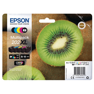 Epson 202XL (T02G740) Multipack Tintenpatronen Schwarz, Cyan, Magenta, Gelb, Photo Schwarz Verpackung mit Kiwi Motiv
