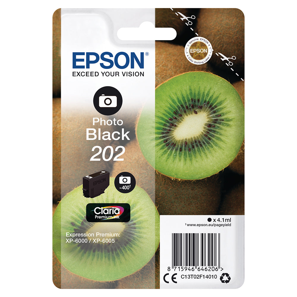 Epson 202 (T02F140) Photo Black ink cartridge packaging with kiwi fruit image, suited for Premium Expression XP-6000/XP-6005 printers.