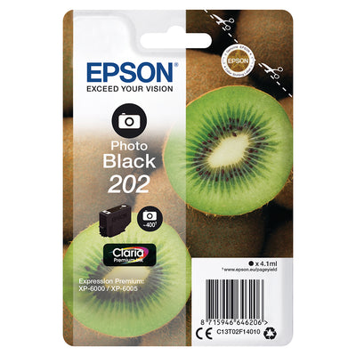 Epson 202 (T02F140) Tintenpatrone Photo Schwarz Verpackung mit Kiwis, ideal für hochwertige Fotodrucke, kompatibel mit XP-6000/XP-6005.
