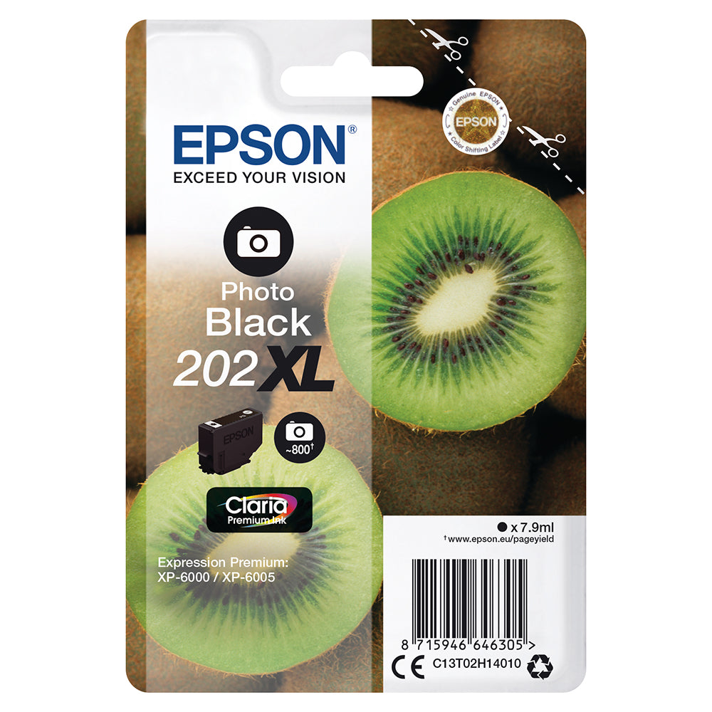 Epson 202XL Photo Black Ink Cartridge Packaging with Kiwi Image on Front