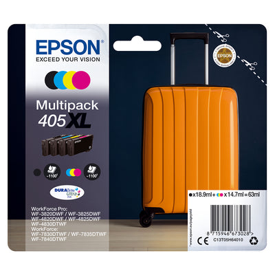 Epson 405XL (T05H64010) Multipack Tintenpatronen Schwarz, Cyan, Magenta, Gelb Verpackung mit Tintenpatronen und Rollkoffer Design