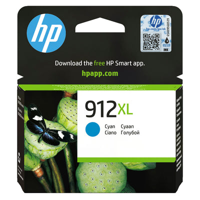 HP 912XL (3YL81AE) Tintenpatrone Cyan Verpackung mit Schmetterling auf Lotusmotiv, passend für professionelle Farbdrucke