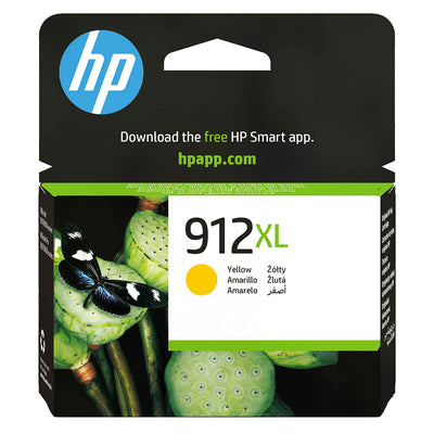 HP 912XL (3YL83AE) Tintenpatrone Gelb Verpackung mit schwarzem Hintergrund und blauer HP-Logo in der oberen Ecke.