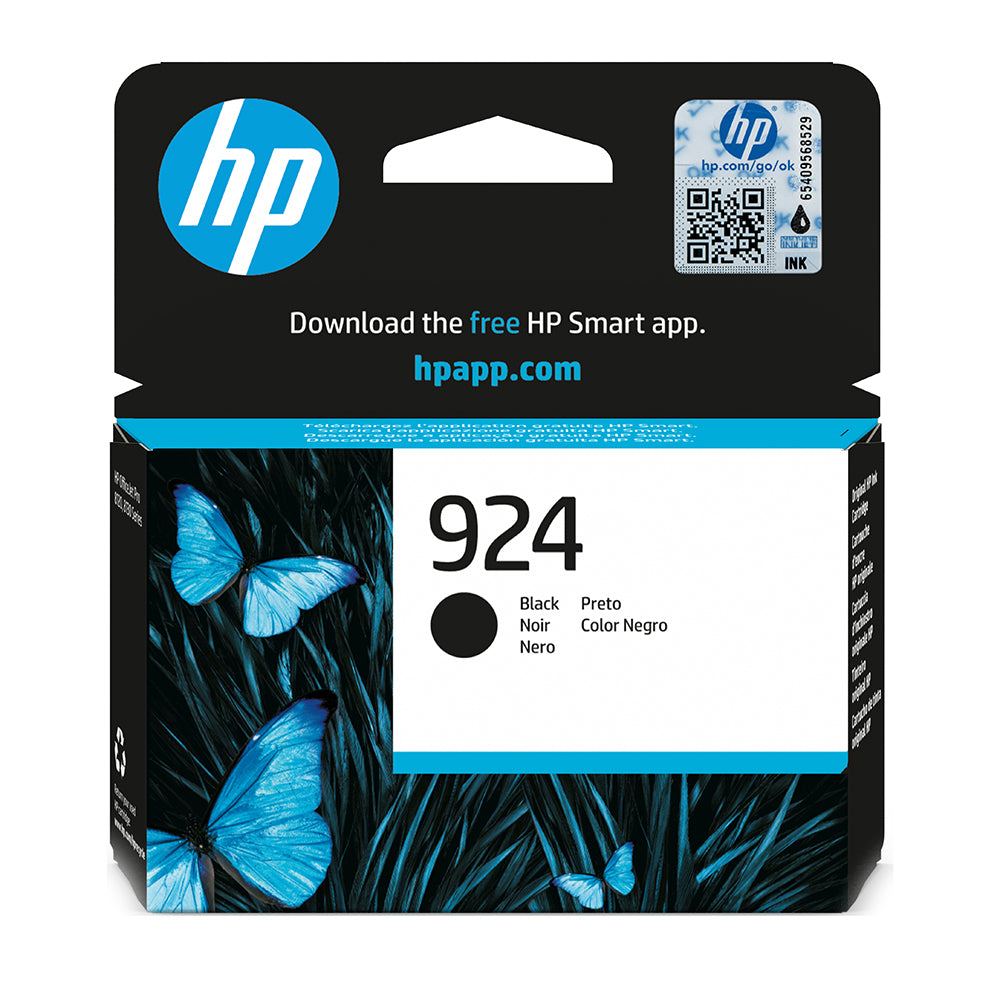 HP 924 Black Ink Cartridge (4K0U6NE) packaging with blue butterflies, featuring high-quality, reliable printing for up to 200 pages.