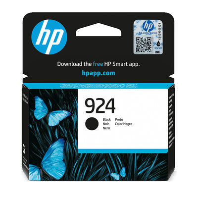 Verpackung der HP 924 (4K0U6NE) Tintenpatrone Schwarz mit blauen Schmetterlingen und HP Logo