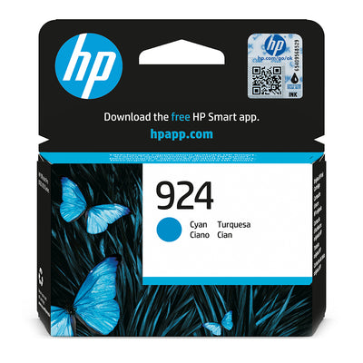 HP 924 (4K0U3NE) Tintenpatrone Cyan Verpackung mit blauen Schmetterlingen, ideal für professionelle Ausdrucke und lebendige Farben.