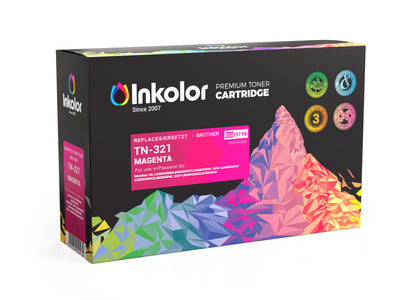Alt Tag: Brother TN-321M kompatibler Toner Magenta Kartusche in Verpackung, magenta Premium Toner Cartridge fuer Farbdrucke, 1.500 Seiten