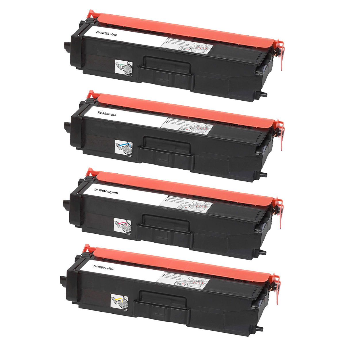 Brother TN-900 multipack compatible toner cartridges set including TN-900BK, TN-900C, TN-900M, TN-900Y for high-quality printing.