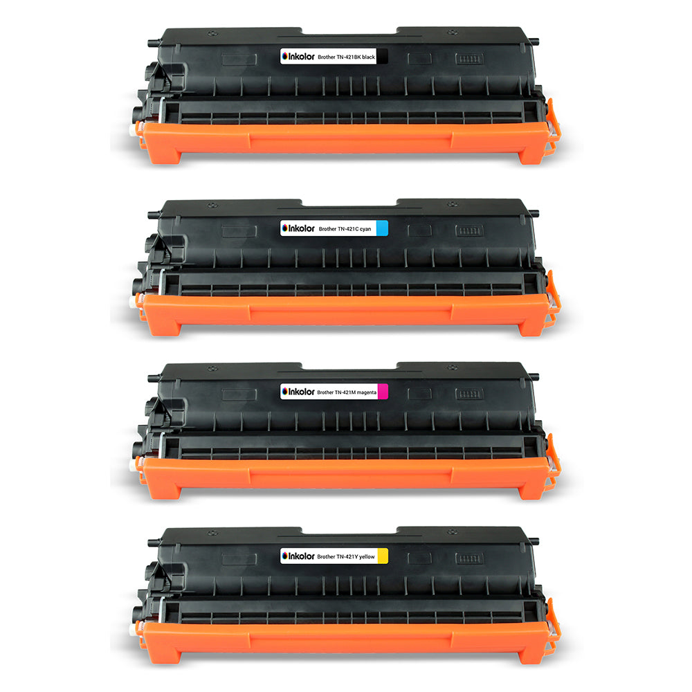 Brother TN-421 Multipack compatible toner set featuring TN-421BK, TN-421C, TN-421M, TN-421Y cartridges for high-quality printing.