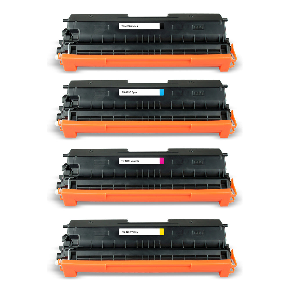 Brother TN-423 Multipack Toner Cartridges in Black, Cyan, Magenta, and Yellow for high-volume printing.