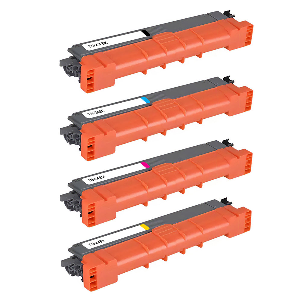 Brother TN-248 multipack compatible toner cartridges in black, cyan, magenta, and yellow for high-quality printing.