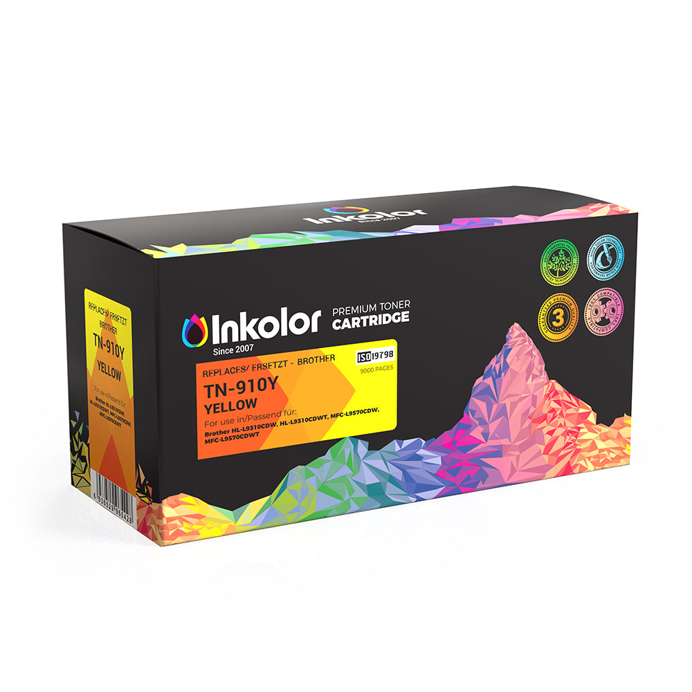 Brother TN-910Y kompatibler Toner Gelb, hohe Druckqualität, 9000 Seiten Kapazität, ideal für Bürodruck mit hoher Farbtiefe.