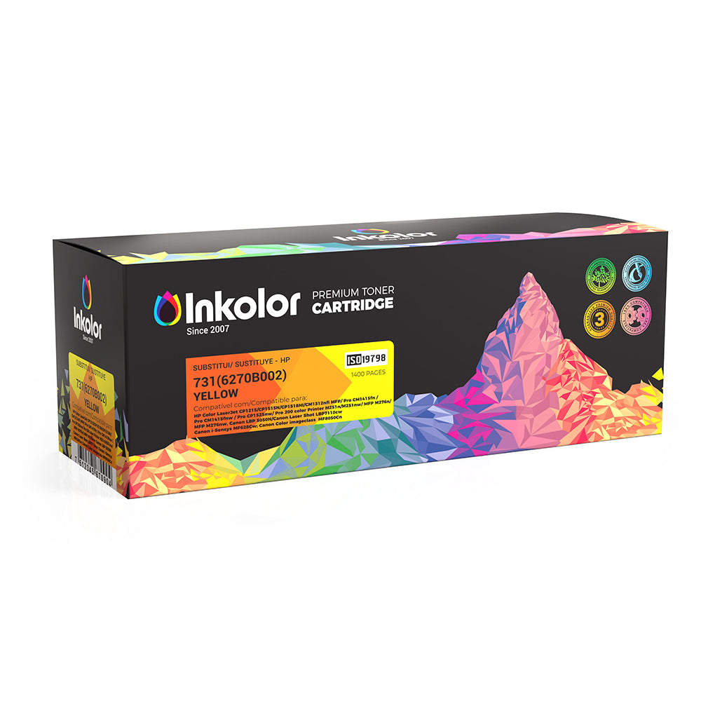 Canon 731 (6269B002) compatible yellow toner cartridge by Inkolor on white background.