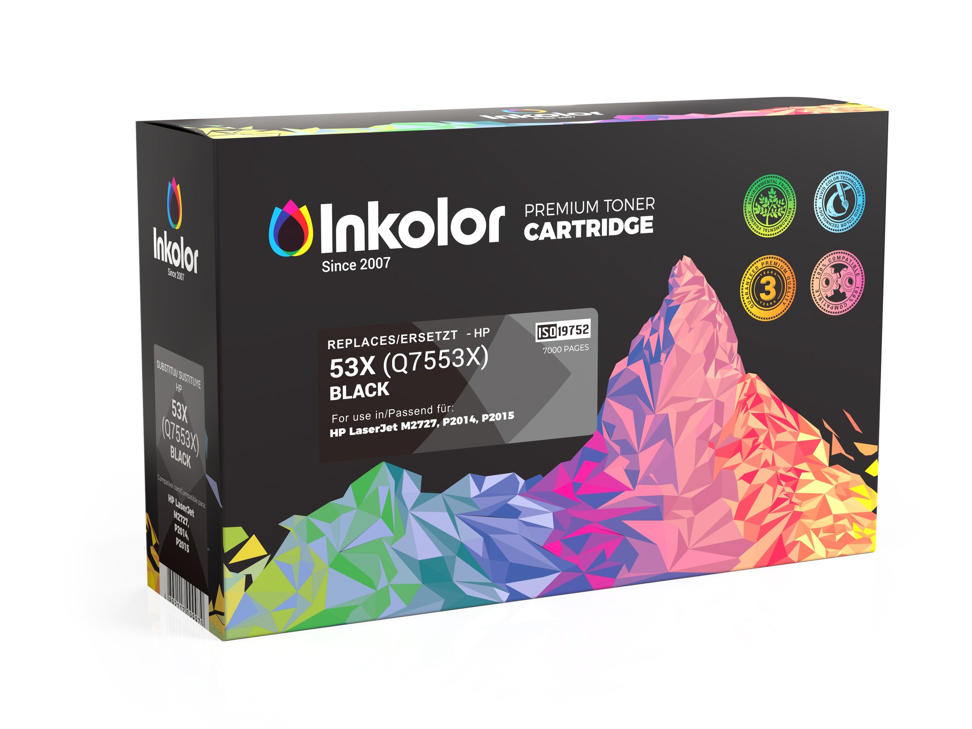 HP 53X (Q7553X) compatible black toner cartridge packaging by Inkolor for high-quality printing.