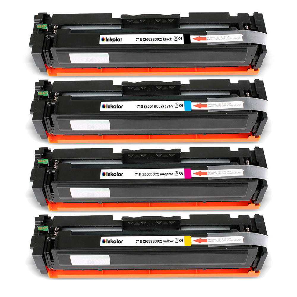 Canon 718 Multipack kompatible Toner für gestochen scharfe Drucke in Schwarz, Cyan, Magenta und Gelb.