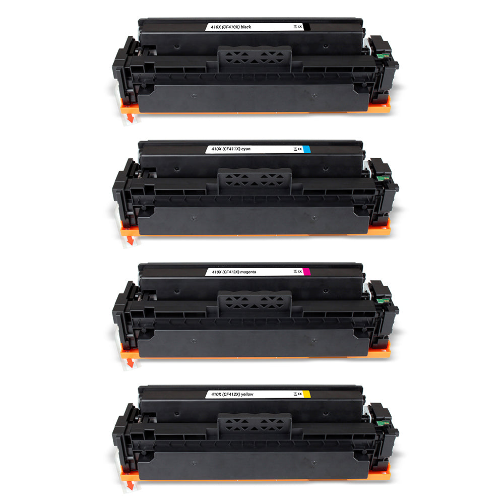 HP 410X Multipack compatible toner set CF410X CF411X CF412X CF413X for high-volume printing, sharp text, and vibrant colors.