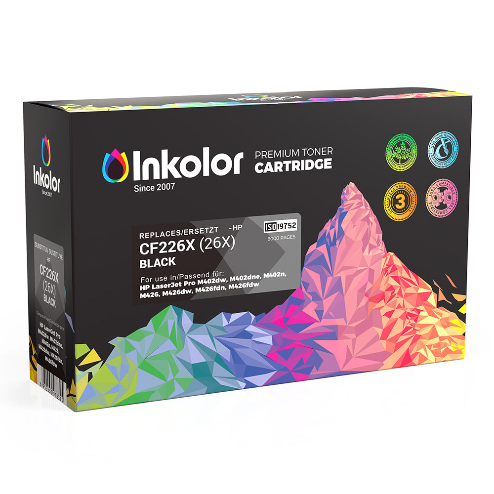 InkColor HP 26X (CF226X) Black Compatible Toner Cartridge for high-volume office printing displayed on colorful packaging.