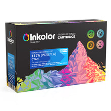 HP 117A (W2071A) kompatibler Cyan Toner von Inkolor, ideal für lebendige Drucke, 700 Seiten Kapazität, für HP farbige Laser-Drucker geeignet.
