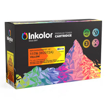 HP 117A (W2072A) compatible yellow toner box with vibrant packaging for high-quality printing.