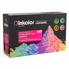 HP 117A (W2073A) kompatibler Magenta Toner in bunter Verpackung für hochwertige Druckqualität und 700 Seiten Kapazität.