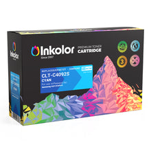 Inkolor premium toner cartridge for Samsung CLT-C4092S Cyan with vibrant packaging design, ISO certification, and compatibility details.