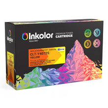 Compatible Samsung CLT-Y4072S yellow toner cartridge with packaging showcasing vibrant colors and a modern design.