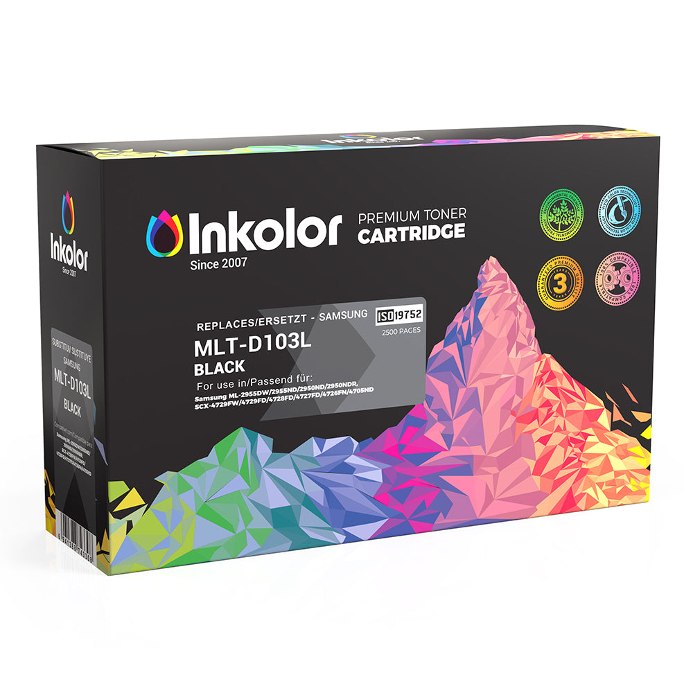 Samsung MLT-D103L black toner cartridge, compatible, high-quality prints, up to 2,500 pages, ideal for home and office use