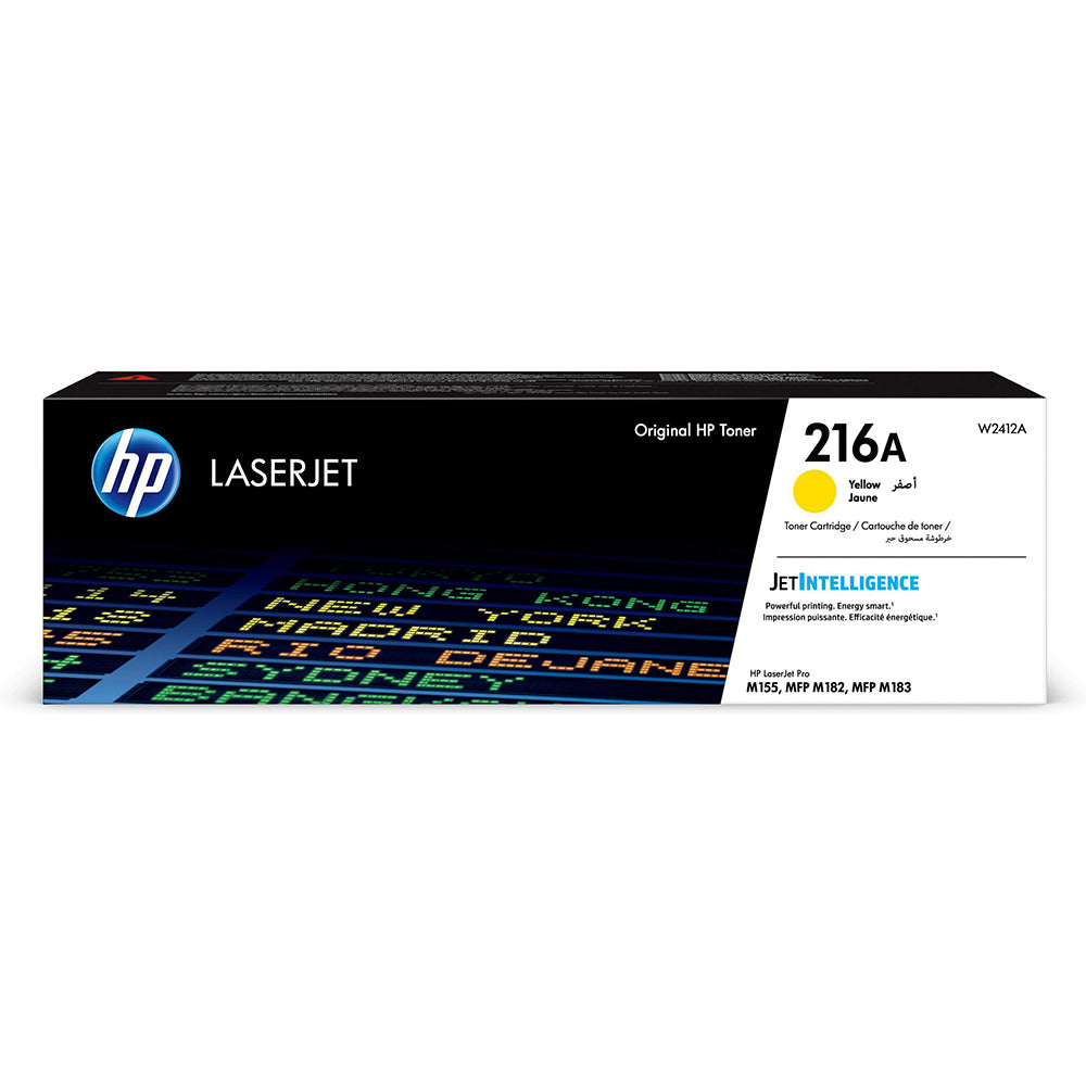 HP 216A (W2412A) Yellow Toner Cartridge box for high-quality color printing with 850-page yield.