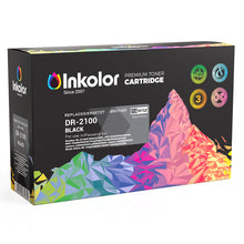 Inkcolor Brother DR-2100 kompatible Trommeleinheit, Premium Toner für hochwertige Ausdrucke, schwarzer Verpackung mit Bergdesign.