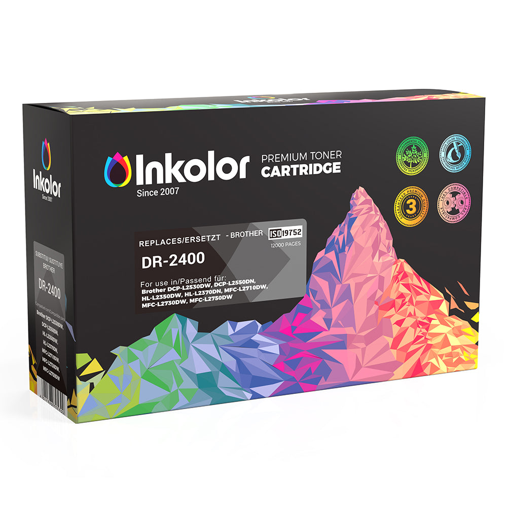 Inkolor DR-2400 premium toner cartridge packaging with colorful mountain design for Brother printers.