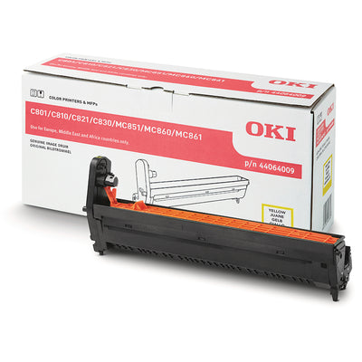 Oki 44064009 Bildtrommel - Drum Gelb vor Verpackung, hochwertiges Verbrauchsmaterial für gestochen scharfe Oki-Drucker Farbausdrucke