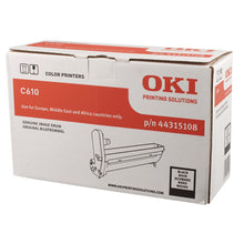 Packaging of Oki 44315108 black image drum for C610 printers, showing product details and compatibility.