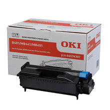 Oki 44574307 drum cartridge for B401/MB441/MB451 printers with box packaging, suitable for Europe, Middle East, and Africa.