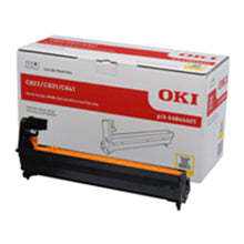 Oki 44844405 yellow drum unit with packaging for sharp and vibrant prints, compatible with Oki printers.