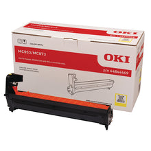 Oki 44844469 yellow drum cartridge for Oki printers with box packaging, suited for 30,000 pages at 5% coverage, high-quality imaging.