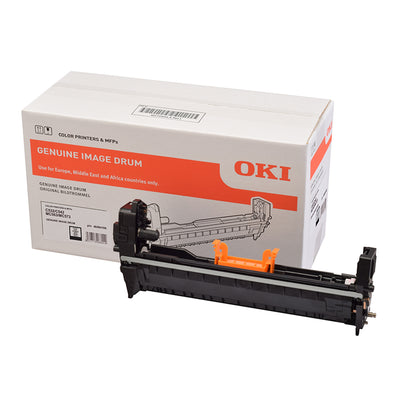 Oki 46484108 Bildtrommel - Drum Schwarz vor der Produktverpackung, entwickelt für scharfe Ausdrucke in Oki-Druckern, 30.000 Seiten Kapazität.