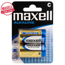 Maxell Alkaline C batteries (LR14) pack of 2, ideal for medium to high power devices like radios and toys.