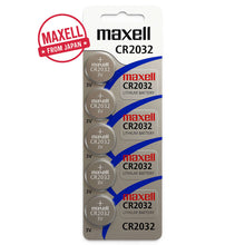 Five-pack of Maxell CR2032 lithium batteries on display, ideal for watches and electronics, offering 3V power and 220mAh capacity.